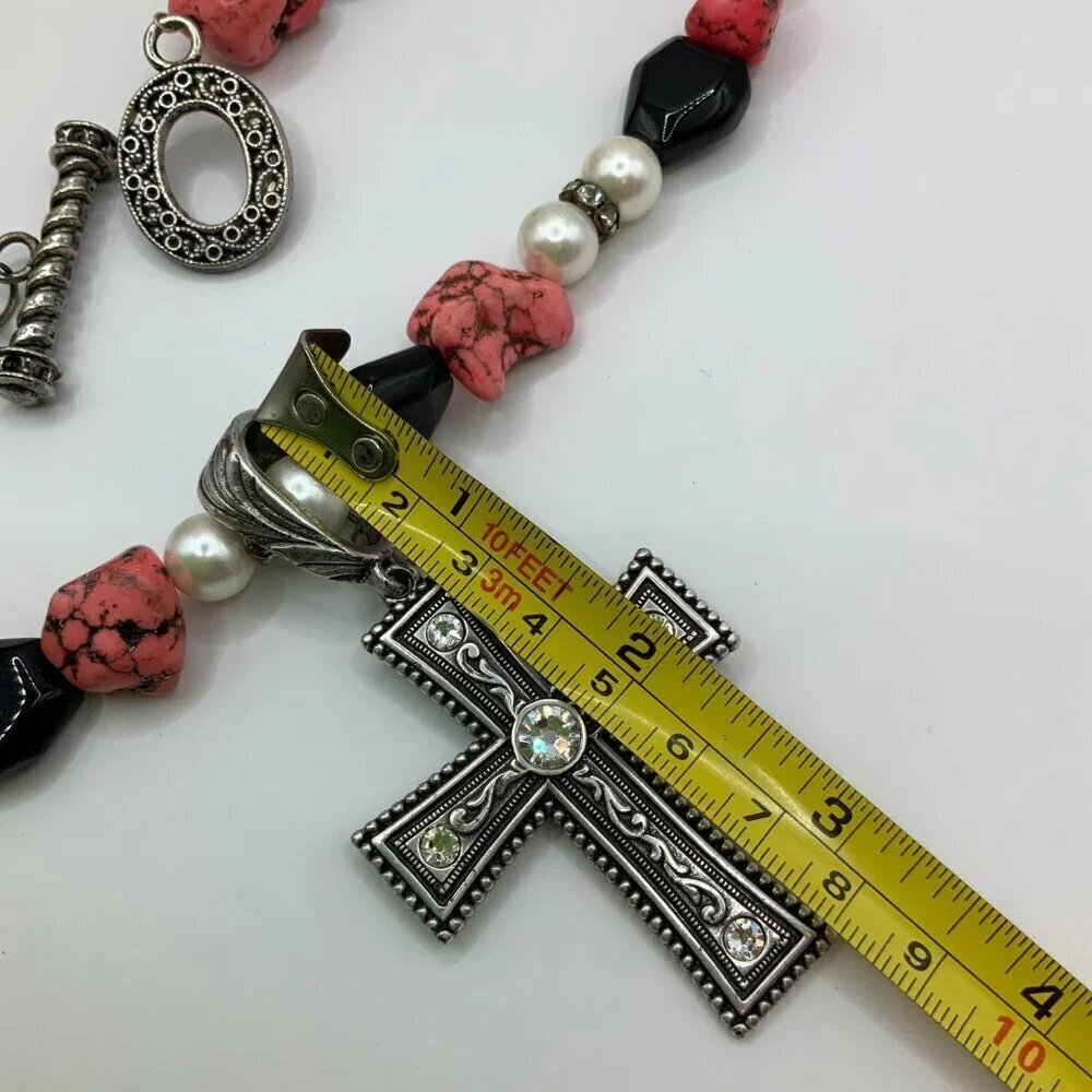 Howlite Pink Glass Beads Black Rhinestone Faux Pearls Silver Tone Cross Necklace